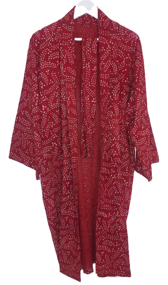  Peignoir kimono unisexe, teintures naturelles artisanales, imprimé à la main, rouge et blanc, robe de chambre L.110cm 