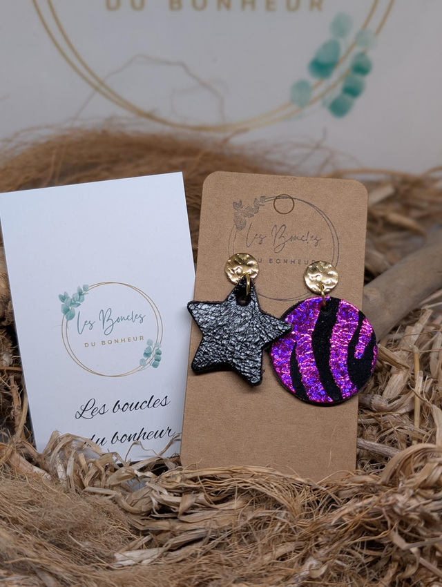 Boucles d&#039;oreilles Asymétrique noir zèbre fushia as038