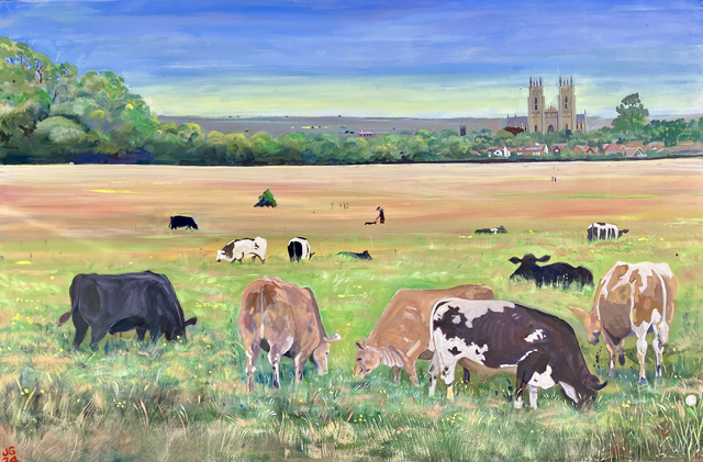 Cattle and Beverley Minster from the Westwood Pasture. 150cm x 100cm, oil on deep edge canvas.