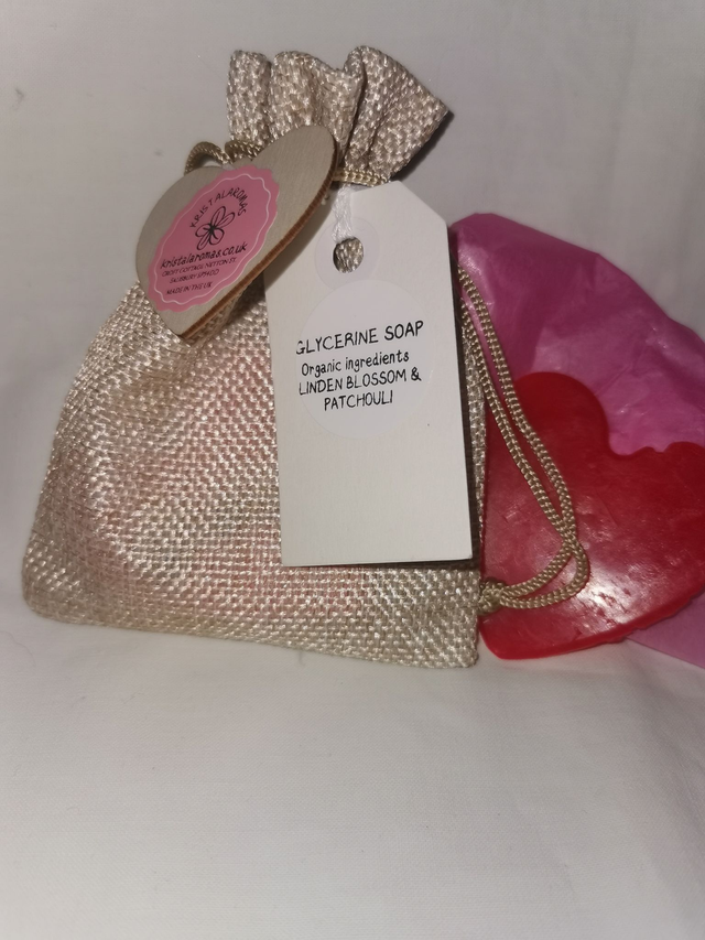 Glycerine Soap- Heart shaped (organic ingredients- Patchouli &amp; Linden Blossom ). 30-40g