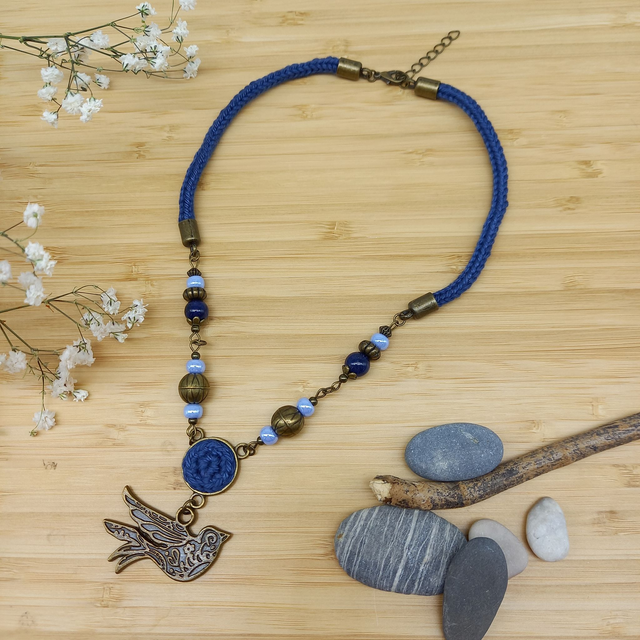 Parure bleu marine et bronze - Collier ras de cou Oiseau