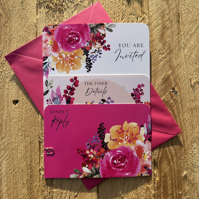 Layered stacked Wedding Invitations with bright flowers Design – Includes RSVP &amp; Guest Info Cards plus Envelopes