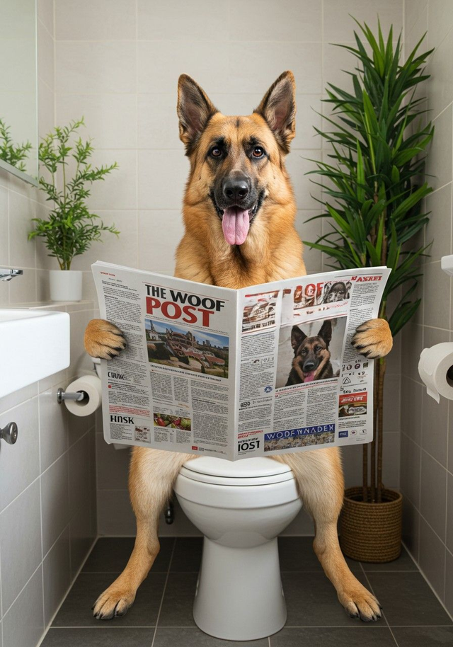 German Shepherd on the Toilet Framed Canvas