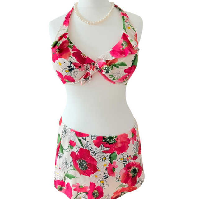 coquette red/pink floral ruffle  japanese 3 piece bikini set 