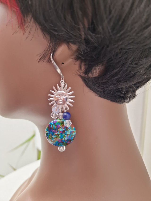 Boucles D'oreilles Acier Soleil Pierre Naturelle Aquamarine Lapiz Lazuli Cristal