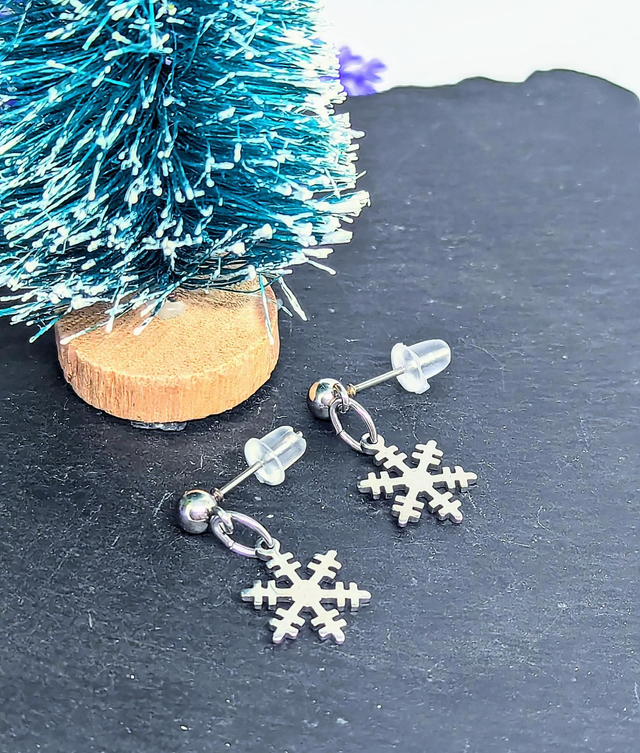 Stainless Steel Snowflake Drop Stud Earrings 