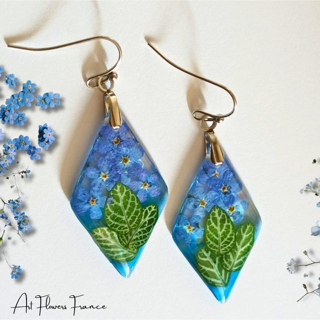  Boucles d&#039;oreilles la feuille de fittonia et myosotis 