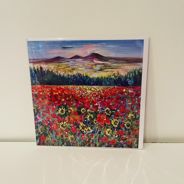 Greetings card- Eildons with Poppies