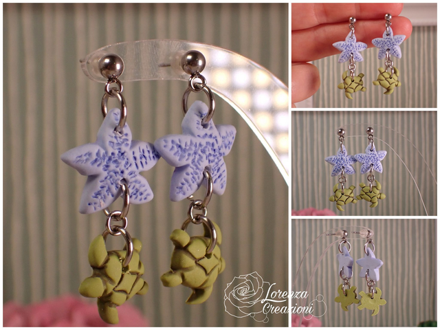 Orecchini a tema marino con tartarughe e stelle marine, azzurro e beige (1)