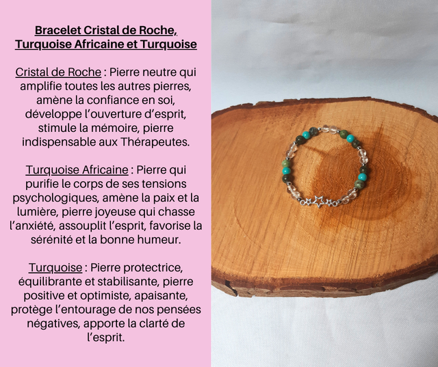 155- Bracelet Cristal de Roche, Turquoise Africaine et Turquoise