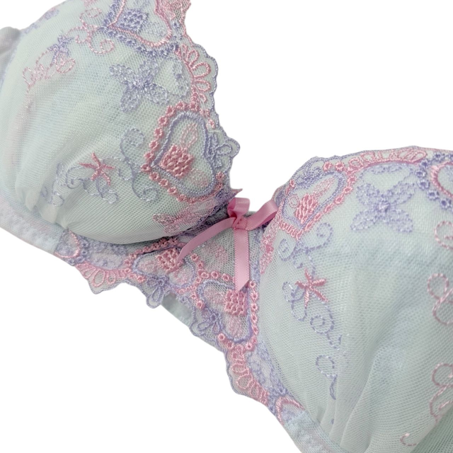 Blue + purple heart embroidered Japanese Bra UK 32B