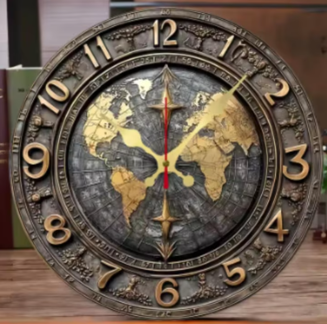 Ronde wandklok van hout Vintage Wereldkaart grijs (25cm)