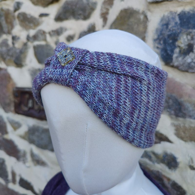 Heather striped button headband. Womens bandeau. Knitted headband. Purple ear warmers. Womens knitted accessories.