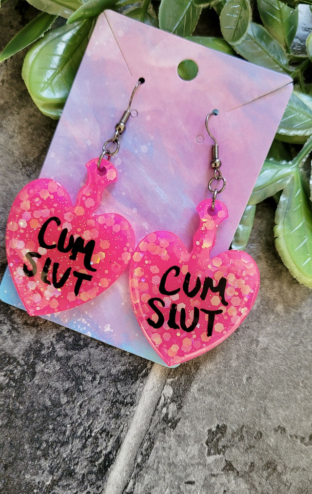 Earrings | CUM SLUT Heart Bright Pink Glitter Paddle Earrings | Stainless Steel Gunmetal Black Hooks
