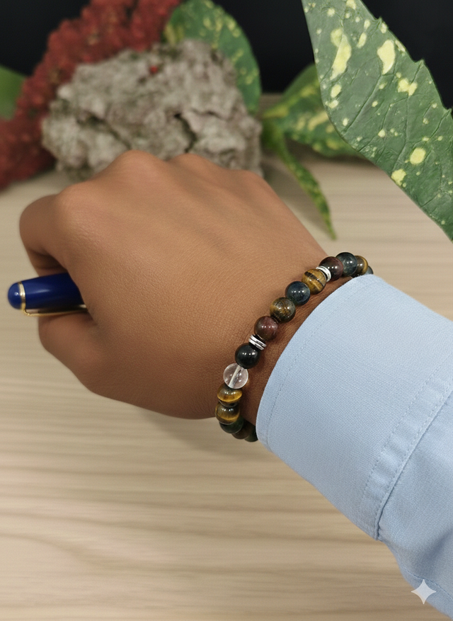 Bracelet Triple Protection &amp; Sérénité – 3 Œils, Cristal de Roche et Onyx