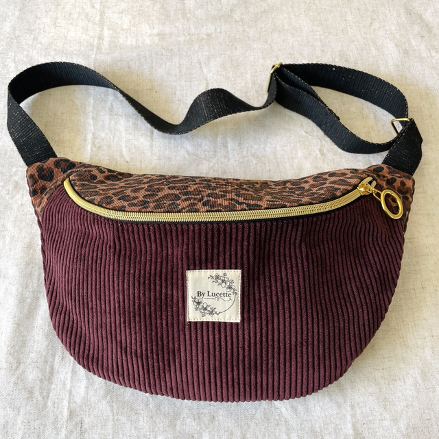 Sac banane en velours léopard et bordeaux XL