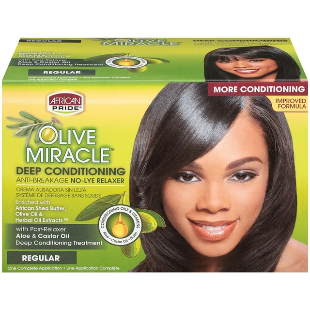 African Pride Olive Miracle Regular Deep Conditioning Anti-Breakage No-Lye Relaxer Kit Box