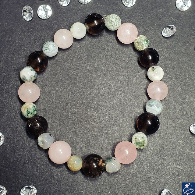 Bracelet élastique en agate arbre, quartz fumé et quartz rose