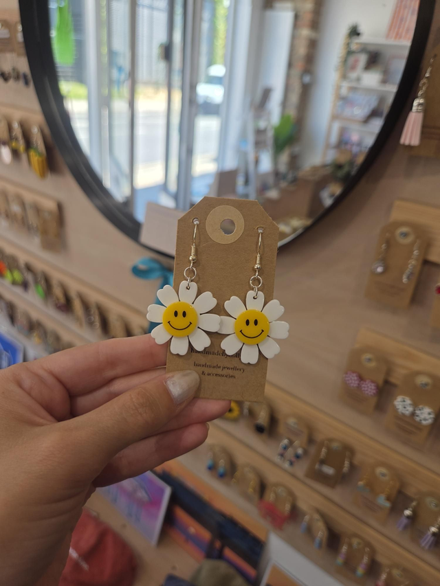 White And Yellow Acrylic Happy Flower Charm Drop Earrings - Silver Plated - HBH-039