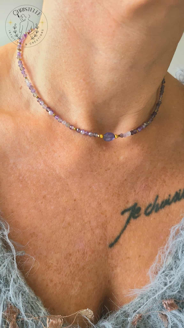 Collier Talisman Améthyste, Pyrite & Tanzanite – Protection et Sérénité