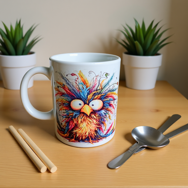Frazzled colourful Birds on a ceramic 11oz mug, choose from ten desings.