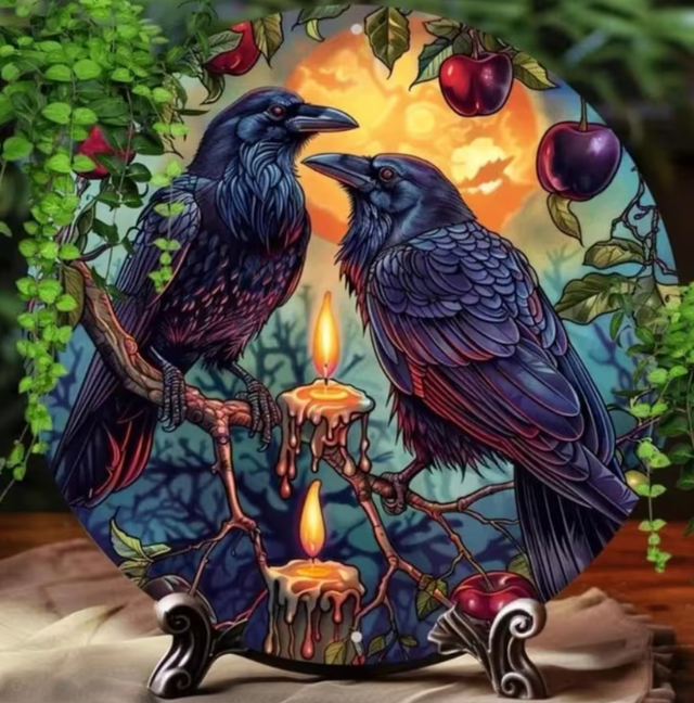 Vintage rond metalen bord Raven (20cm)