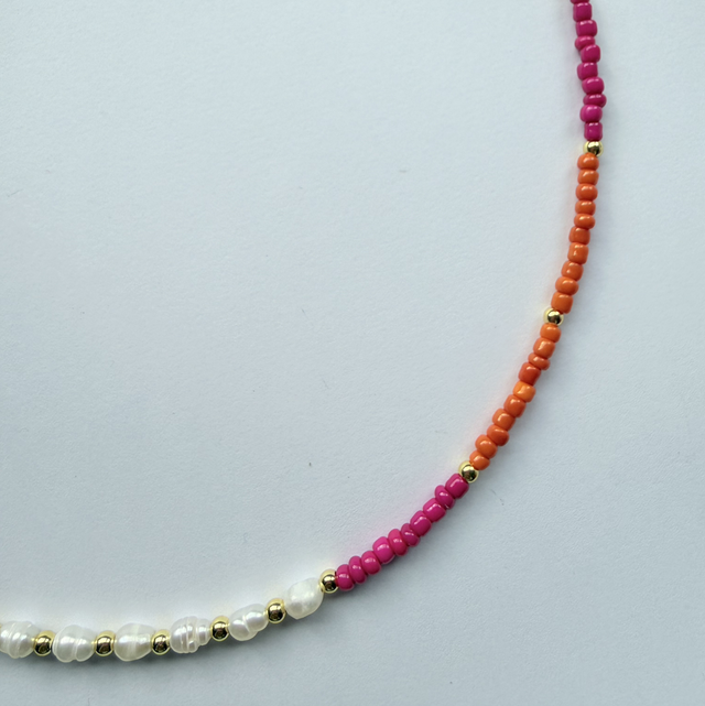 GIGI - Pink & Orange Pearl Beaded Choker Style Necklace