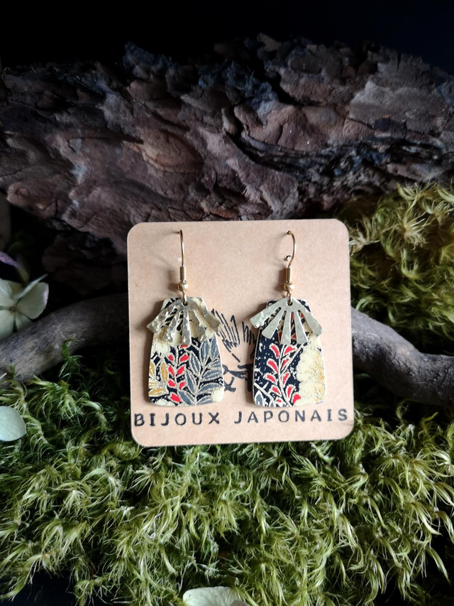 Boucles d'oreilles - crochets - papier washi - fleurs - éventail - laiton - La&Titia 