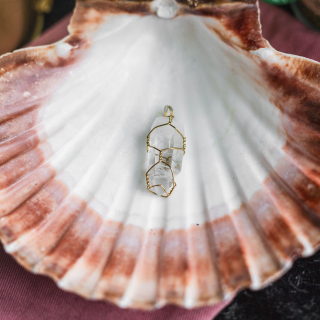 Clear Quartz Natural Point Pendant Brass