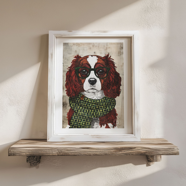 King Charles Cavalier Dog In Glasses Mixed Media Art Print A4
