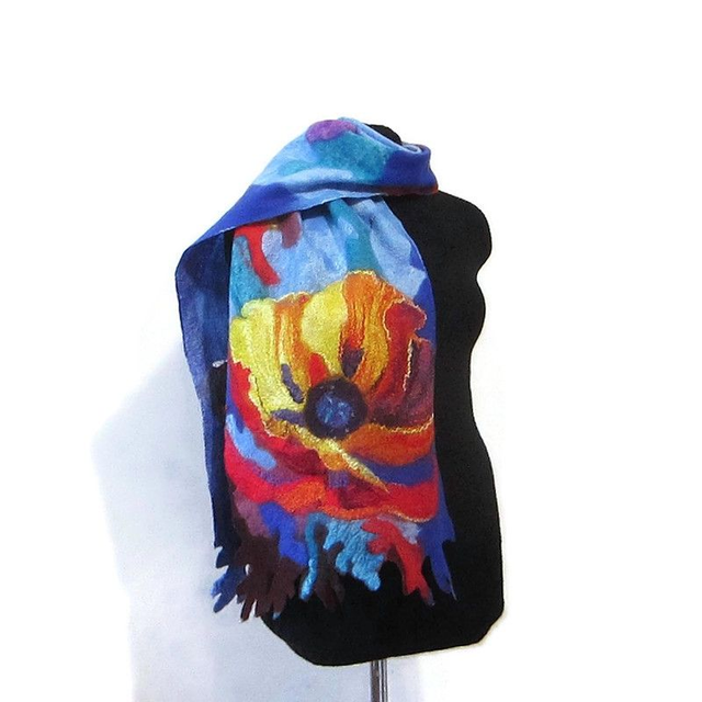 Arte Sciarpa feltro di lana merino seta Stola modello astratto giallo blu infeltrimento fatto a mano Sciarpa caldo regalo unico per le donne