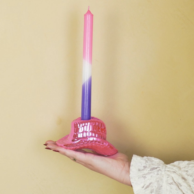 Kaarsenhouder - Cowboyhoed - Keramiek - Roze - 13,5x11x7 cm