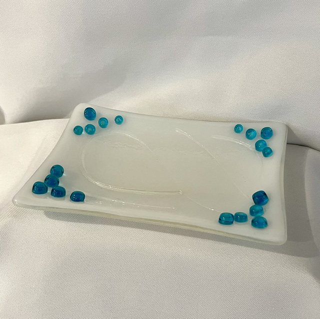White Glass Trinket &amp; Soap Dish with Blue Accent Detail