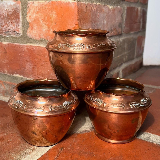 Set of 3 Art Nouveau Small Copper Flora Vases