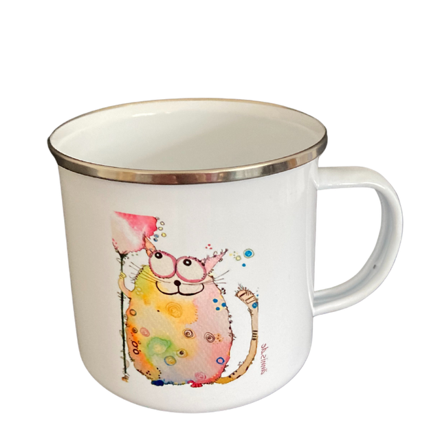 Emailletasse "Katze mit Ballon"