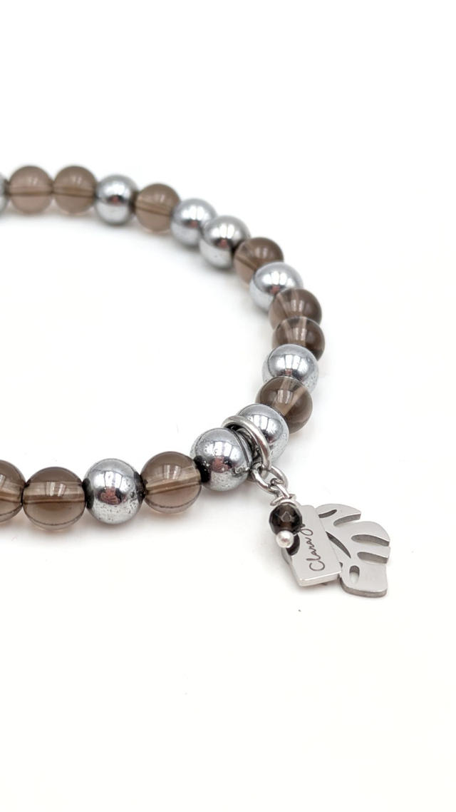 ✨ Bracelet Quartz Fumé &amp; Hématite – Monstera Argentée 6 mm