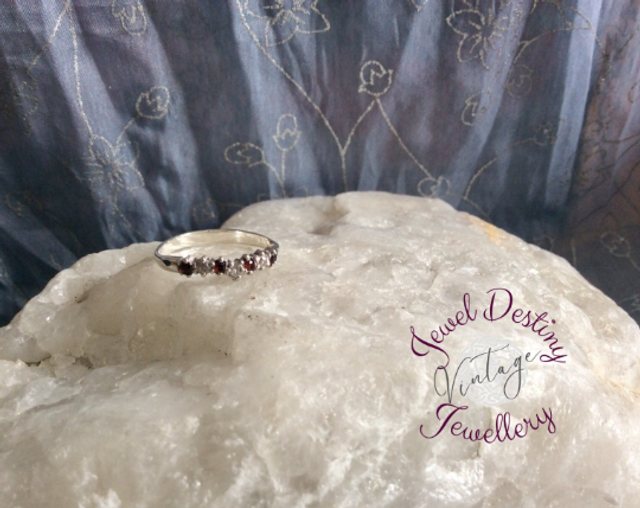 Garnet and Clear CZ Half Eternity Vintage Band Ring in Sterling Silver Size M 1/2