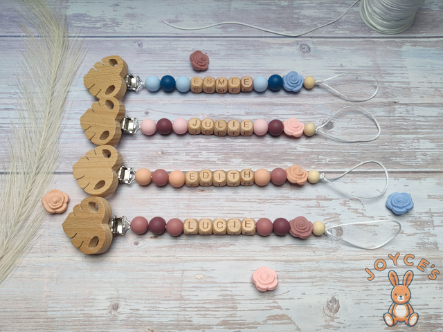 Attache-tétine personnalisé avec perle en forme de rose - Couleur au choix (Bleu, Rose, Violet, Magenta)