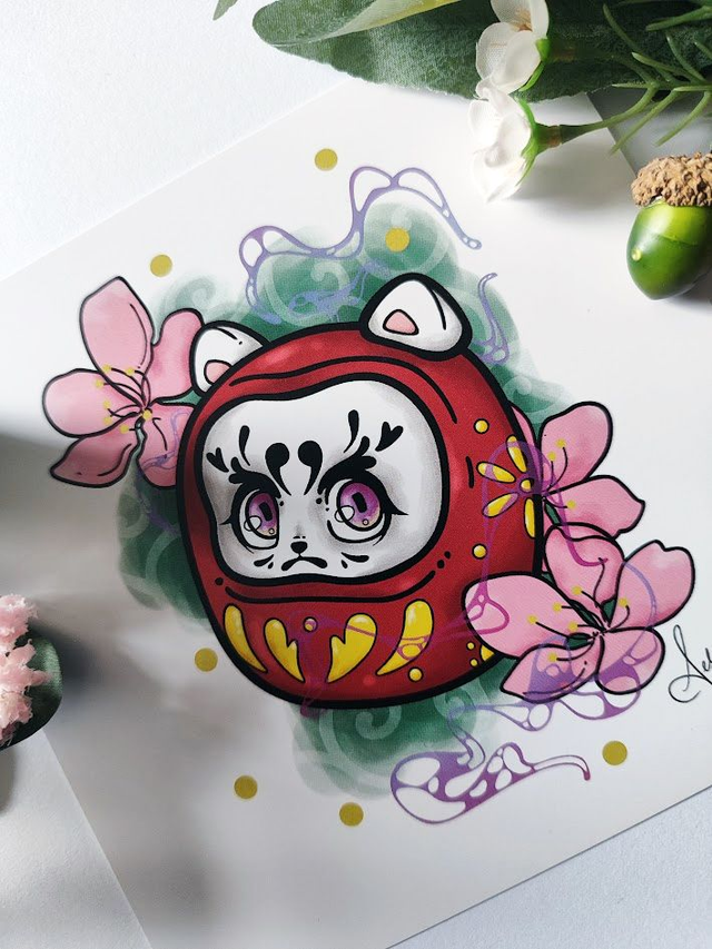 Kitty Daruma and Cherry Blossoms Square Print