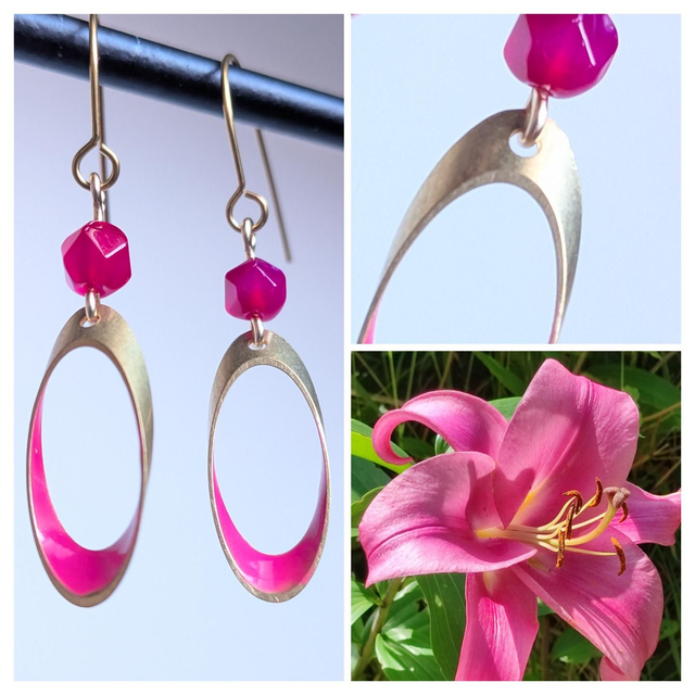 Boucles "pep's" agate rose, fermoirs en acier inoxydable doré -sans nickel, pièce unique 