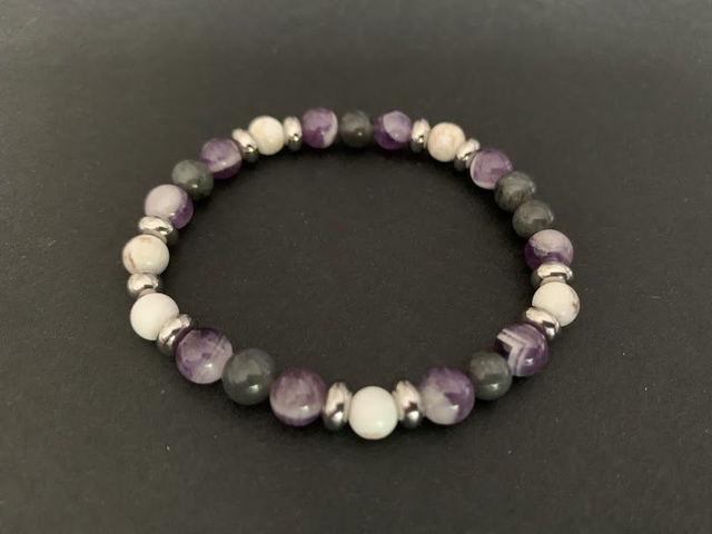 Bracelet Pierre de Lune Blanche, Améthyste Chevron et Pierre de Lune Noire - Perles de 6mm