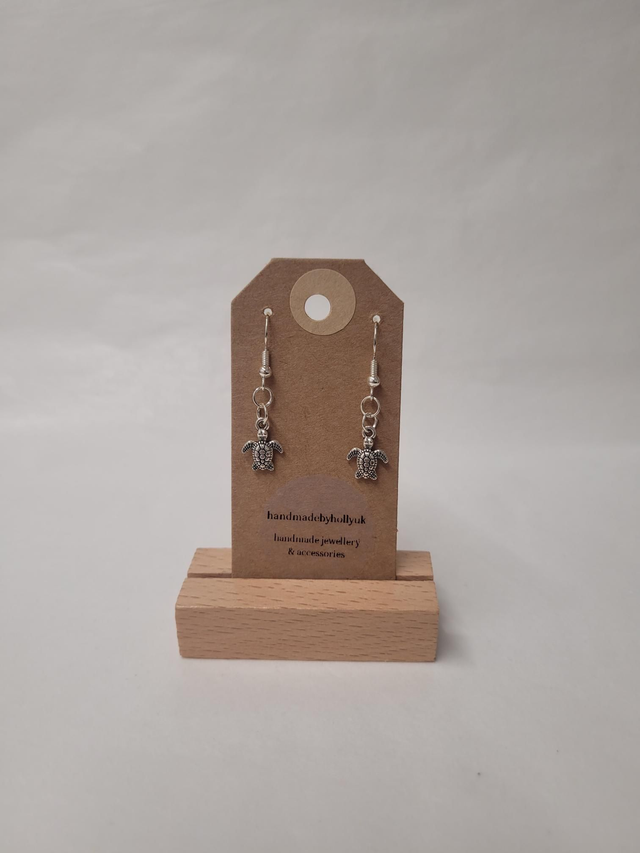 Small Turtle Charm Drop Earrings - Silver Plated - HBH-024