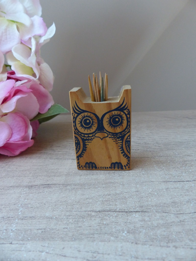 Ancien Porte-Pics Apéritif Hibou en Bois – Objet Vintage Peint à la Main | Déco Table &amp; Collection