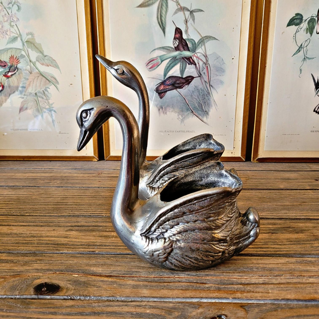 2 cygnes décoratifs vintage laiton argenté, déco/vide poche/vase