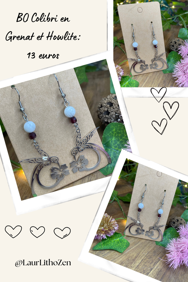🕊🌹 Boucles d'oreilles Colibri en Grenat et Howlite