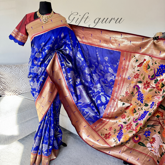 Royal Blue Paithani Saree with Maroon Border – Ready to Wear with Stitched Blouse