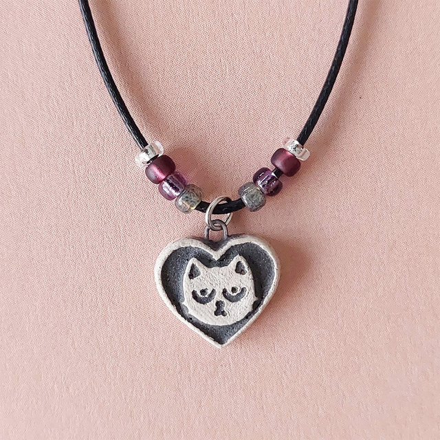 Quirky cat necklace -  cat pendant - cat charm - ceramic heart charm