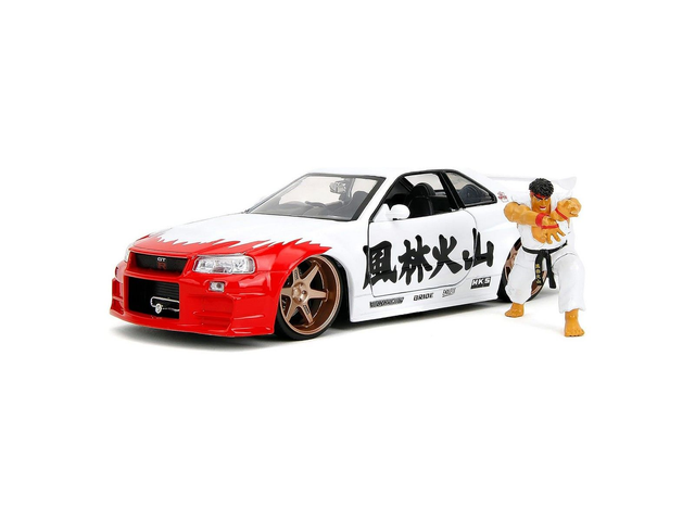 NISSAN SKYLINE GTR R34  W/RYU&#039;S FIGURE WHITE  HOLLYWOOD RIDES Jada 35114 1/24