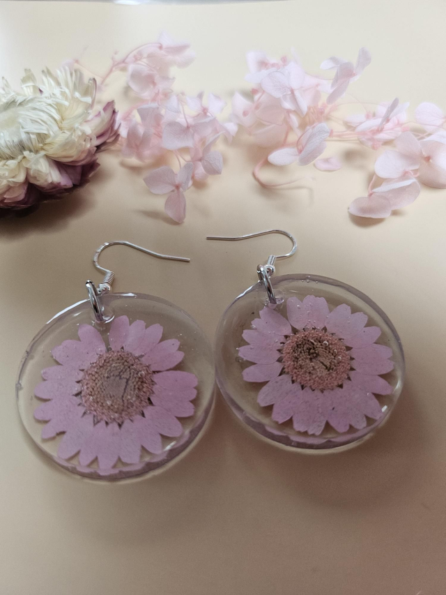 Boucles d'oreilles en résine - Ronds fleurs roses