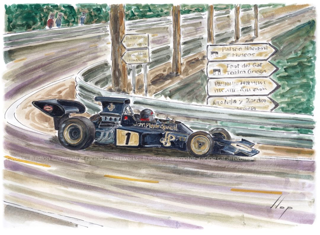 Artimotor onpaper acrílicos 23x31 - 1973 GP España (Montjuic) 1º Emerson Fittipaldi (Lotus 72-Ford)